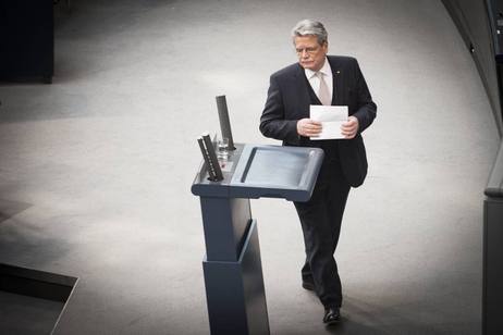 Bundesversammlung im Plenarsaal des Deutschen Bundestages - Bundespräsident Joachim Gauck vor seiner kurzen Ansprache