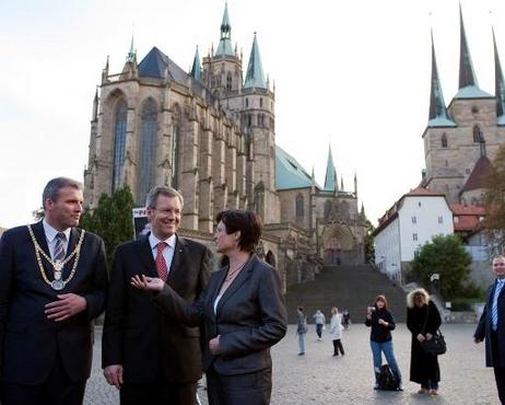 Bundespräsident Christian Wulff mit Ministerpräsidentin Christine Lieberknecht und Erfurts Oberbürgermeister Andreas Bausewein