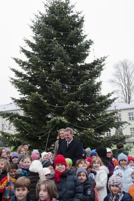 Bundespräsident Christian Wulff und seine Frau Bettina mit Kindern der Katholischen Schule St. Paulus aus Berlin-Moabit bei der Präsentation eines Weihnachtsbaums vor dem Schloss Bellevue.