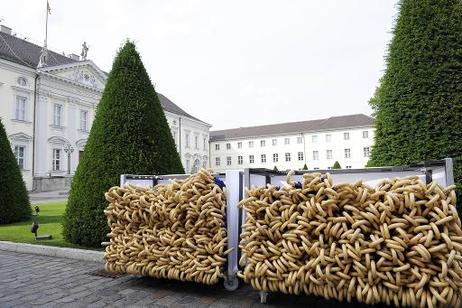 Regenschirme stehen vor Schloss Bellevue für die Gäste des Sommerfestes des Bundespräsidenten bereit.