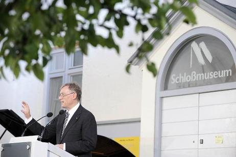 Bundespräsident Horst Köhler während einer Rede anlässlich der Eröffnung einer Ausstellung im Schlossmuseum.