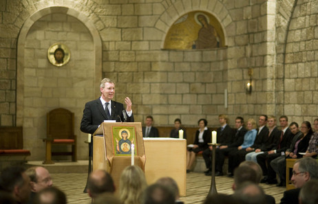 Bundespräsident Christian Wulff spricht beim Besuch der Dormitio-Abtei