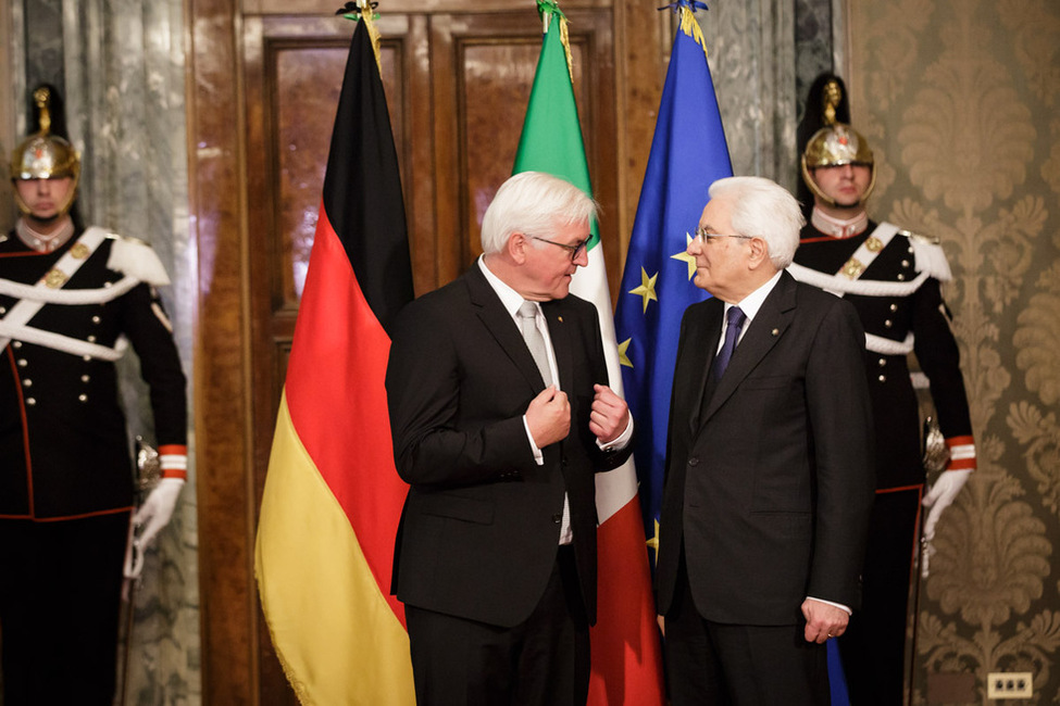 Bundespräsident Frank-Walter Steinmeier im Austausch mit dem Staatspräsidenten der Italienischen  Republik, Sergio Mattarella, im Palazzo del Quirinale, dem Amtssitz in Rom 