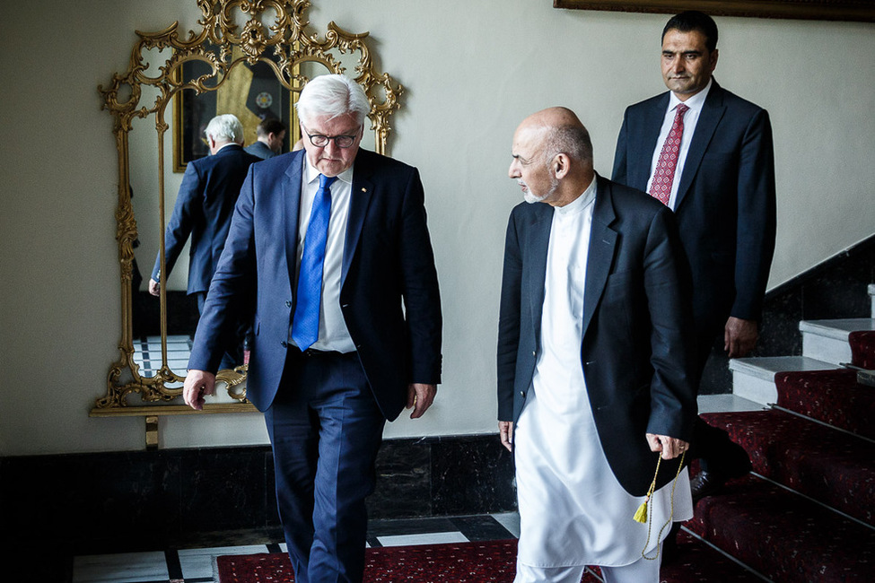 Bundespräsident Frank-Walter Steinmeier beim Austausch mit dem Präsidenten der Islamischen Republik Afghanistan, Aschraf Ghani Ahmadsai, im Präsidentenpalast in Kabul anlässlich des Besuchs in Afghanistan 