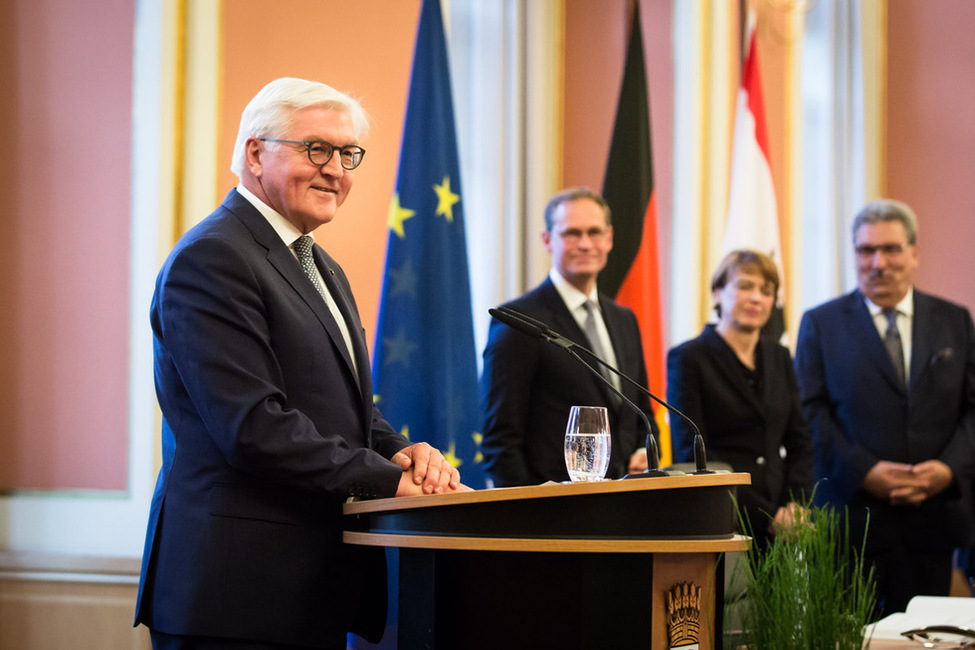 Bundespräsident Frank-Walter Steinmeier hält eine Ansprache im Festsaal des Berliner Rathauses anlässlich seines Antrittsbesuch im Land Berlin