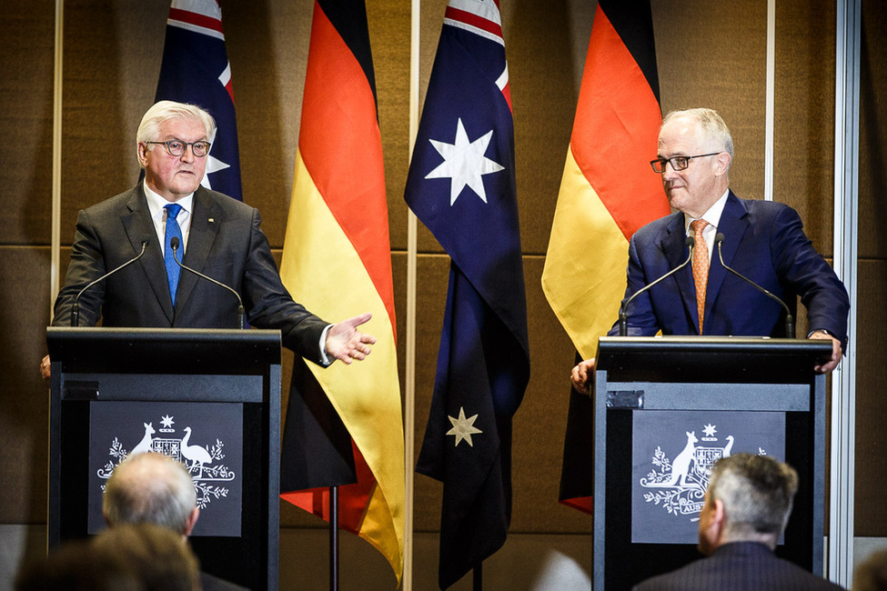 Bundespräsident Frank-Walter Steinmeier bei einer Begegnung mit der Presse  mit dem Premierminister von Australien, Malcolm Turnbull, in Perth anlässlich des Staatsbesuchs in Australien