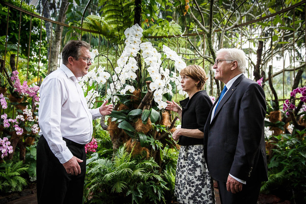 Bundespräsident Frank-Walter Steinmeier und Elke Büdenbender bei der Besichtigung des Orchideengartens im Botanischen Garten gemeinsam mit Direktor Nigel Taylor anlässlich des Staatsbesuchs in der Republik Singapur  