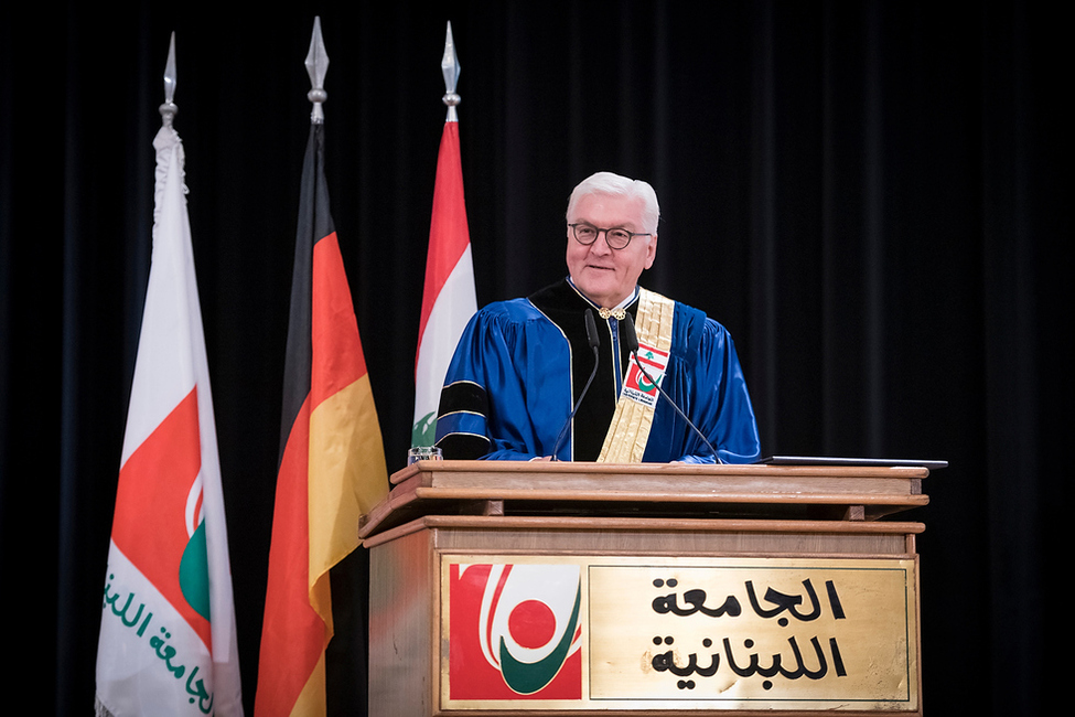 Bundespräsident Frank-Walter Steinmeier hält eine Rede bei der Verleihung der Ehrendoktorwürde im Auditorium Maximum der Libanesischen Universität anlässlich des offiziellen Besuchs im Libanon 