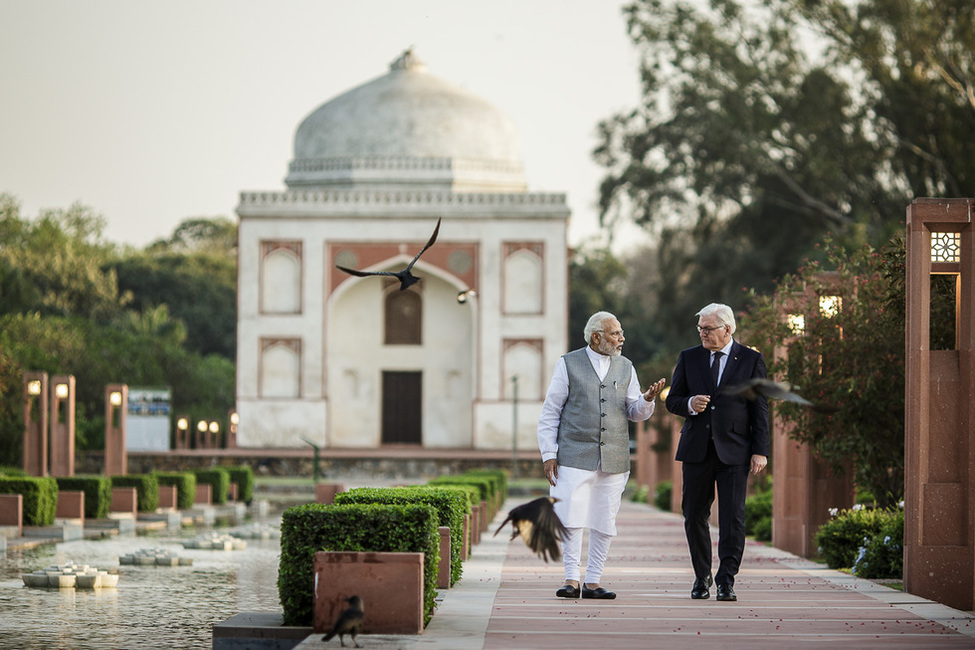 Bundespräsident Frank-Walter Steinmeier beim Gespräch mit dem Premierminister der Republik Indien, Narendra Modi, im Gästehaus der indischen Regierung in New Delhi anlässlich des Staatsbesuchs in Indien