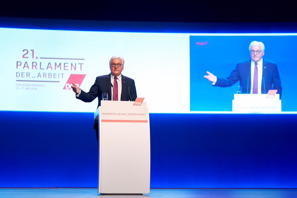 Bundespräsident Frank-Walter Steinmeier hält eine Ansprache beim 21. Ordentlichen Bundeskongress des Deutschen Gewerkschaftsbundes in Berlin