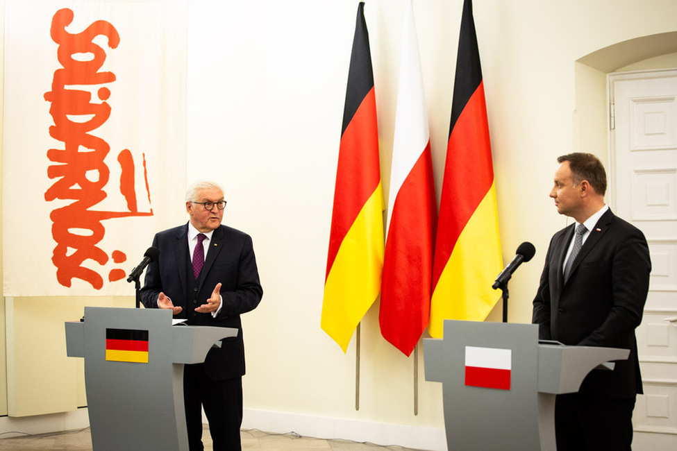 Bundespräsident Frank-Walter Steinmeier und Andrzej Duda, Präsident der Republik Polen, bei der gemeinsamen Pressebegegnung in Warschau