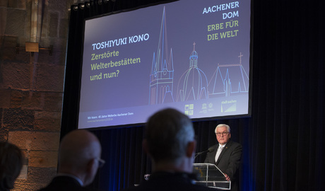 Bundespräsident Frank-Walter Steinmeier hält eine Rede beim Festakt zum 40. Jahrestag des UNESCO Weltkulturerbes Aachener Dom in Aachen