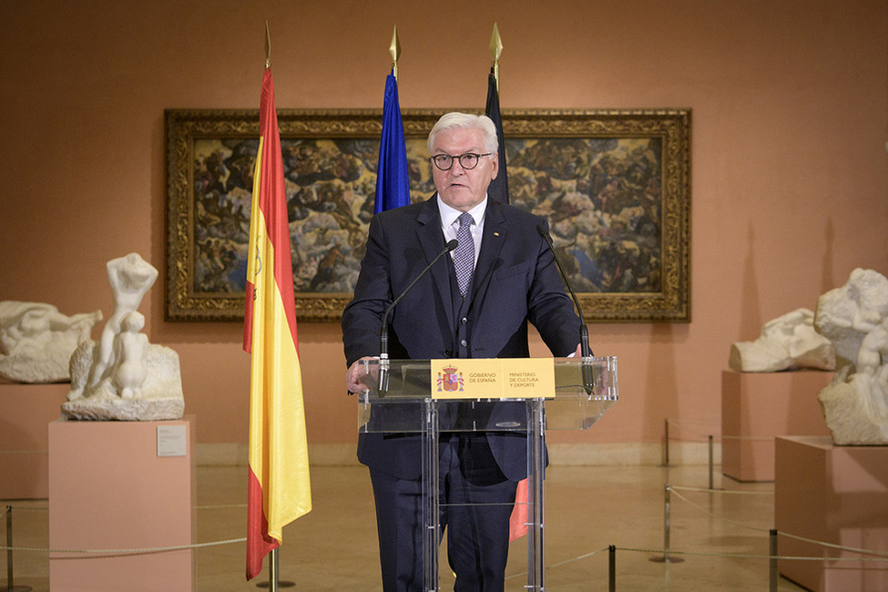 Bundespräsident Frank-Walter Steinmeier hält eine Ansprache bei der Ausstellungseröffnung 'Beckmann. Exile Figures' im Museum Thyssen-Bornemisza in Madrid anlässlich des Besuchs im Königreich Spanien