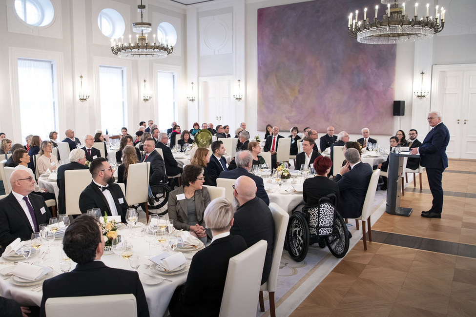 Bundespräsident Frank-Walter Steinmeier während der Rede anlässlich des Neujahrsempfangs des Bundespräsidenten 2019 im Großen Saal in Schloss Bellevue 