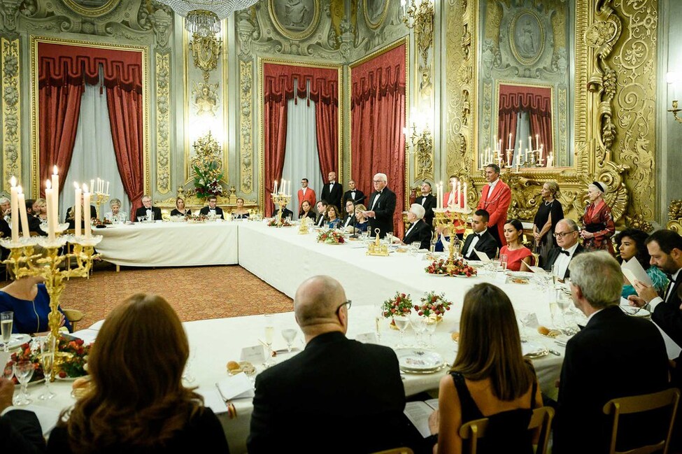 Bundespräsident Frank-Walter Steinmeier hält eine Rede beim Staatsbankett, gegeben vom Präsidenten der italienischen Republik, Sergio Mattarella, in Rom während des Staatsbesuchs in Italien