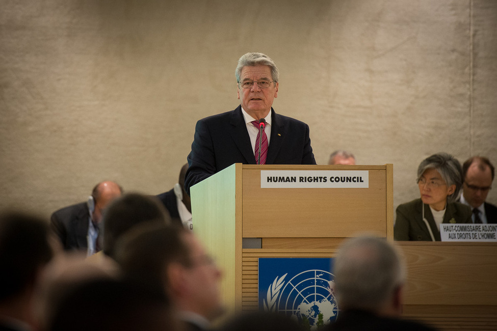 Bundespräsident Joachim Gauck bei seiner Rede im Sitzungssaal des VN-Menschenrechtsrats