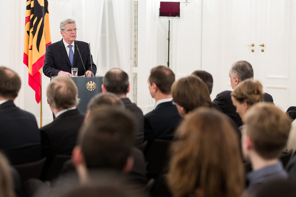 Bundespräsident Joachim Gauck bei seiner Rede im Rahmen des Bellevue Forums 'Was hält Europa zusammen?"