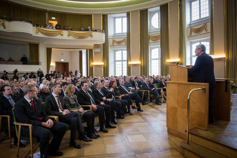 Bundespräsident Joachim Gauck bei seiner Ansprache in der Westfälischen Wilhelms-Universität Münster im Rahmen des Thementages 'Islam in Wissenschaft und Bildung' 