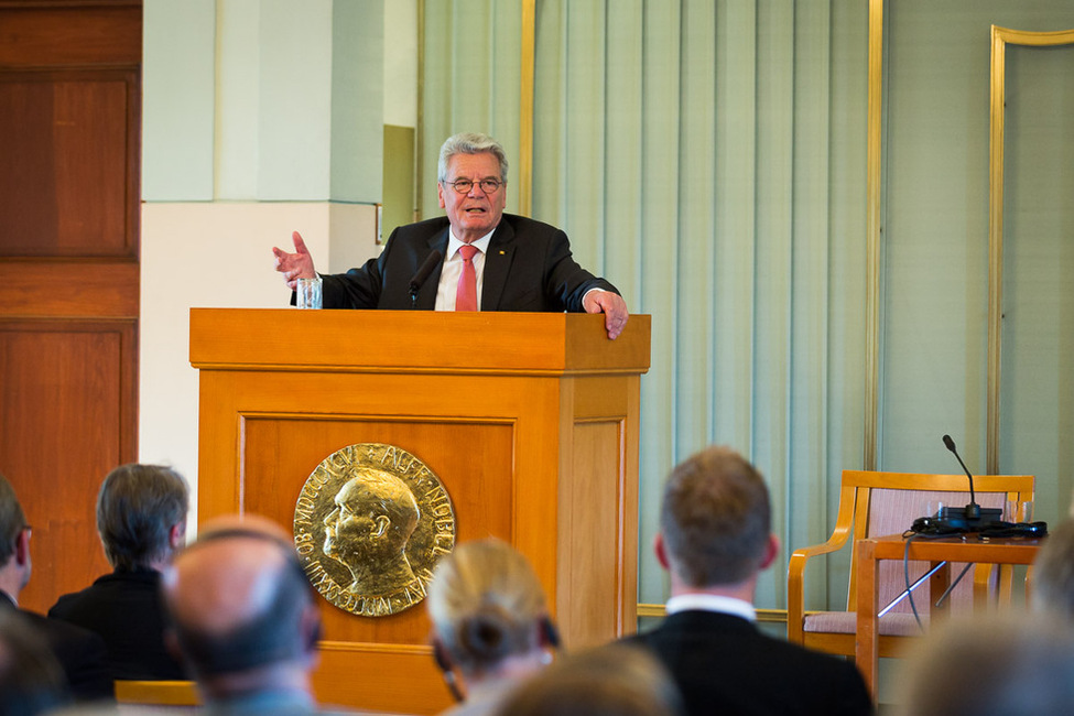 Bundespräsident Joachim Gauck hält eine Ansprache im Nobelinstitut in Oslo anlässlich des Staatsbesuchs in Norwegen