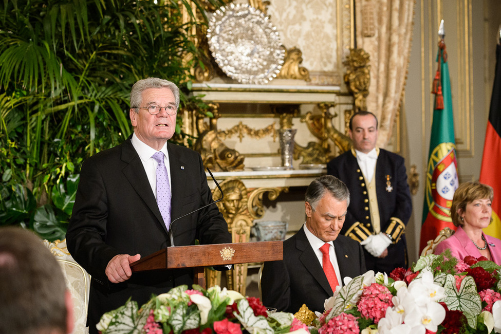 Bundespräsident Joachim Gauck hält beim Staatsbankett, gegeben vom portugiesischen Präsidenten, Aníbal António Cavaco Silva, eine Ansprache