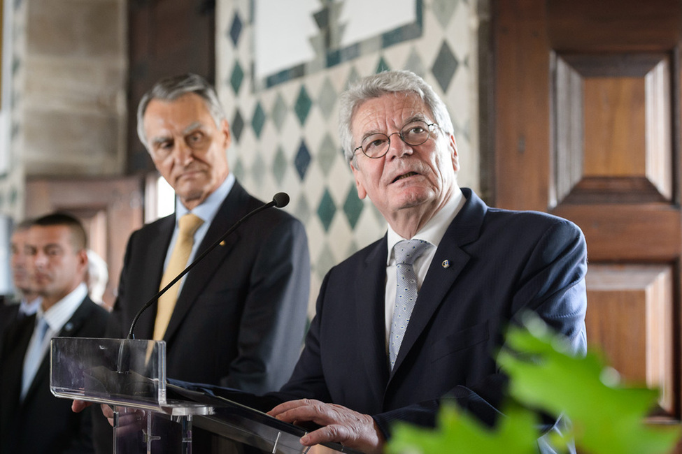 Bundespräsident Joachim Gauck hält bei dem von ihm gegebenen Empfang im Palácio Nacional eine Ansprache 