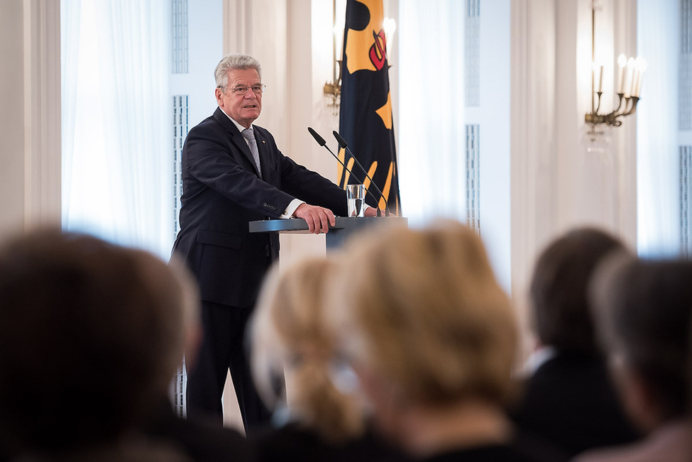 Bundespräsident Joachim Gauck hält eine Rede in Schloss Bellevue anlässlich des 20. Jubiläums der American Academy