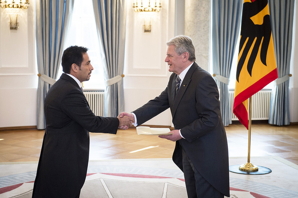 Bundespräsident Joachim Gauck empfängt das Beglaubigungsschreiben von Fernando Daniel Ojeda Cáceresaus derRepublik Paraguay