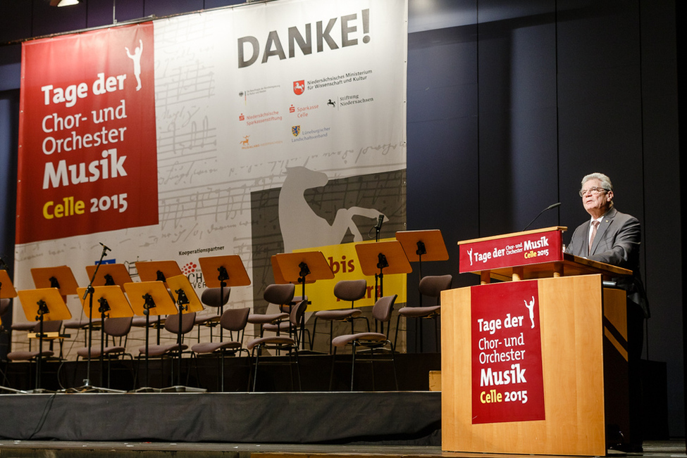 Bundespräsident Joachim Gauck hält anlässlich der Verleihung der Zelter- und PRO MUSICA-Plakette eine Ansprache in Celle