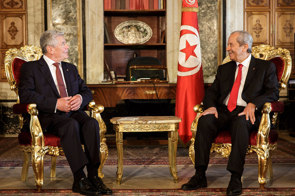 Bundespräsident Joachim Gauck im Gespräch mit dem Parlamentspräsidenten der Tunesischen Republik, Mohamed Ennaceur, anlässlich des Staatsbesuchs in der Tunesischen Republik