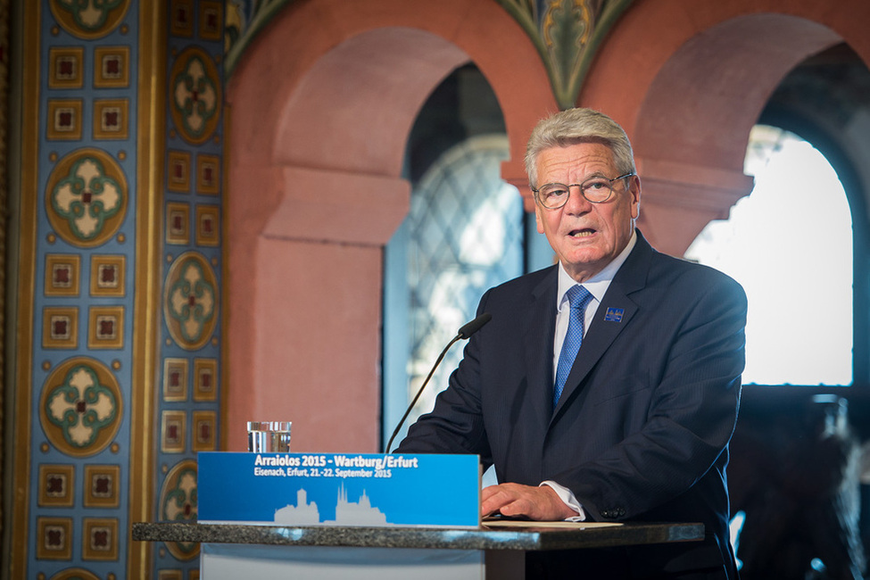 Bundespräsident Joachim Gauck bei seiner Ansprache auf der Wartburg anlässlich des 'Arraiolos-Treffens' der nicht-exekutiven Staatsoberhäupter der Europäischen Union 