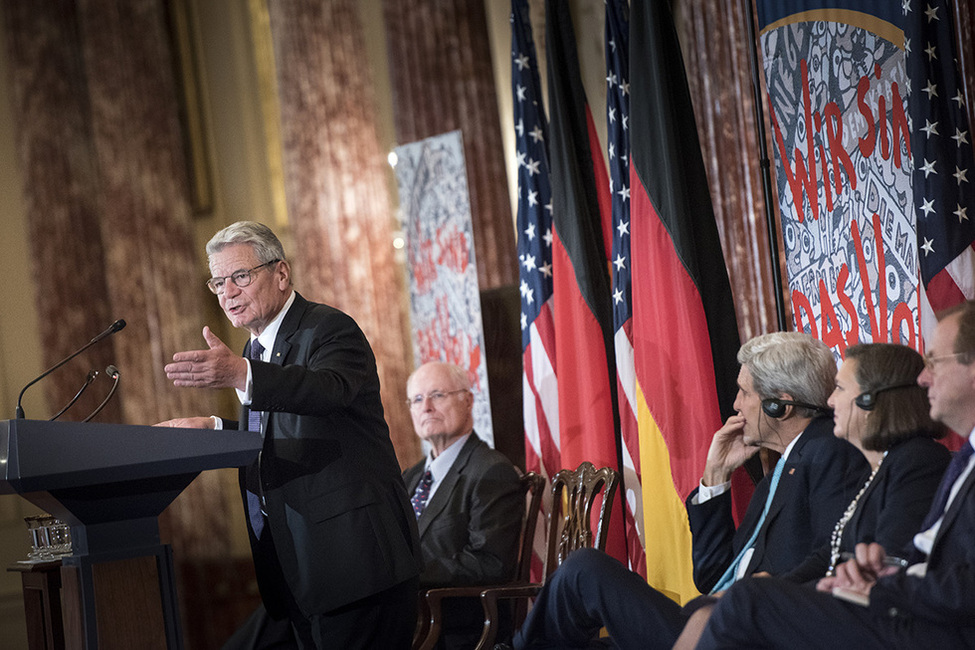 Bundespräsident Joachim Gauck hält eine Ansprache im Department of State bei einem Empfang gegeben von Außenminister John Kerry anlässlich des offiziellen Besuchs in den USA