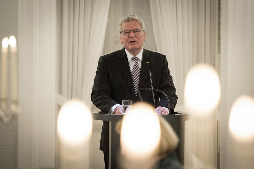 Bundespräsident Joachim Gauck hält eine Rede im Großen Saal in Schloss Bellevue anlässlich des Staatsbanketts zu Ehren des Präsidenten der Sozialistischen Republik Vietnam, Truong Tan Sang