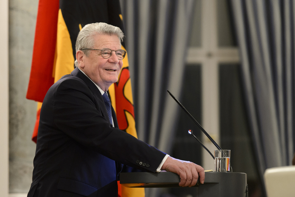 Bundespräsident Joachim Gauck hält eine Rede anlässlich des Empfangs des Stifterverbands Deutsche Wissenschaft im Langhanssaal in Schloss Bellevue 