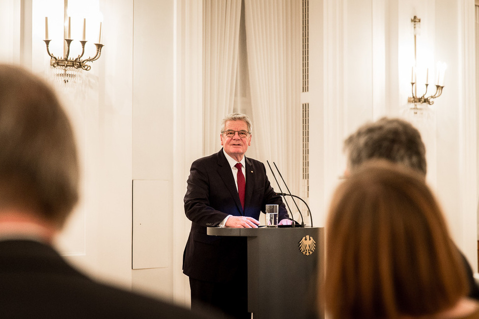 Bundespräsident Joachim Gauck bei seiner Ansprache anlässlich des Abendessens für die Mitglieder des Wissenschaftsrates im Großen Saal in Schloss Bellevue