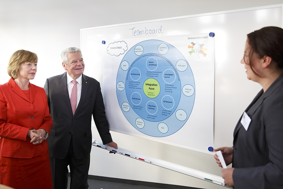 Bundespräsident Joachim Gauck und Daniela Schadt informieren sich über die Arbeit im 'Integration Point' der Agentur für Arbeit Bonn