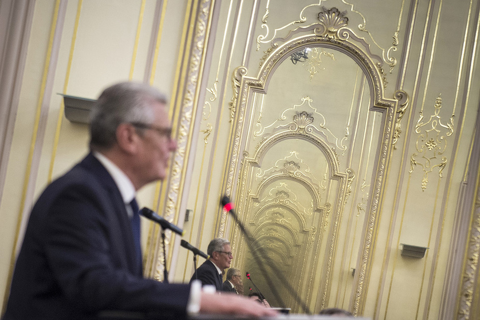 Bundespräsident Joachim Gauck hält ein Grußwort beim Empfang zu Ehren des Präsidenten der Republik Bulgarien in der Nationalgalerie in Sofia anlässlich der Reise nach Bulgarien 