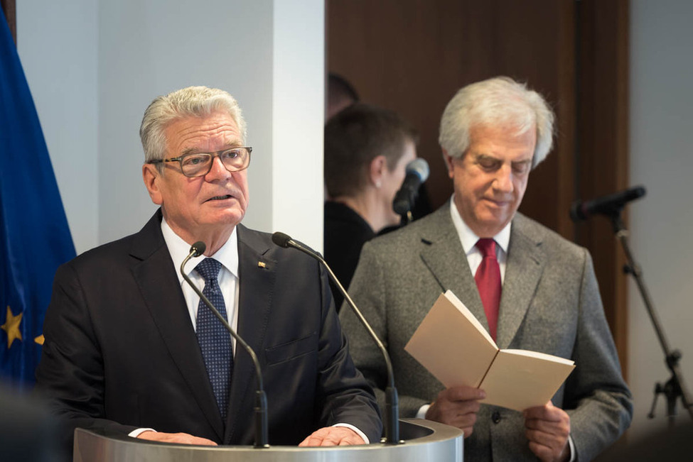 Bundespräsident Joachim Gauck hält eine Ansprache beim Mittagessen, gegeben vom Präsidenten mit dem uruguayischen Präsidenten Tabaré Ramón Vázquez Rosas, während des Staatsbesuchs in der Republik Östlich des Uruguay