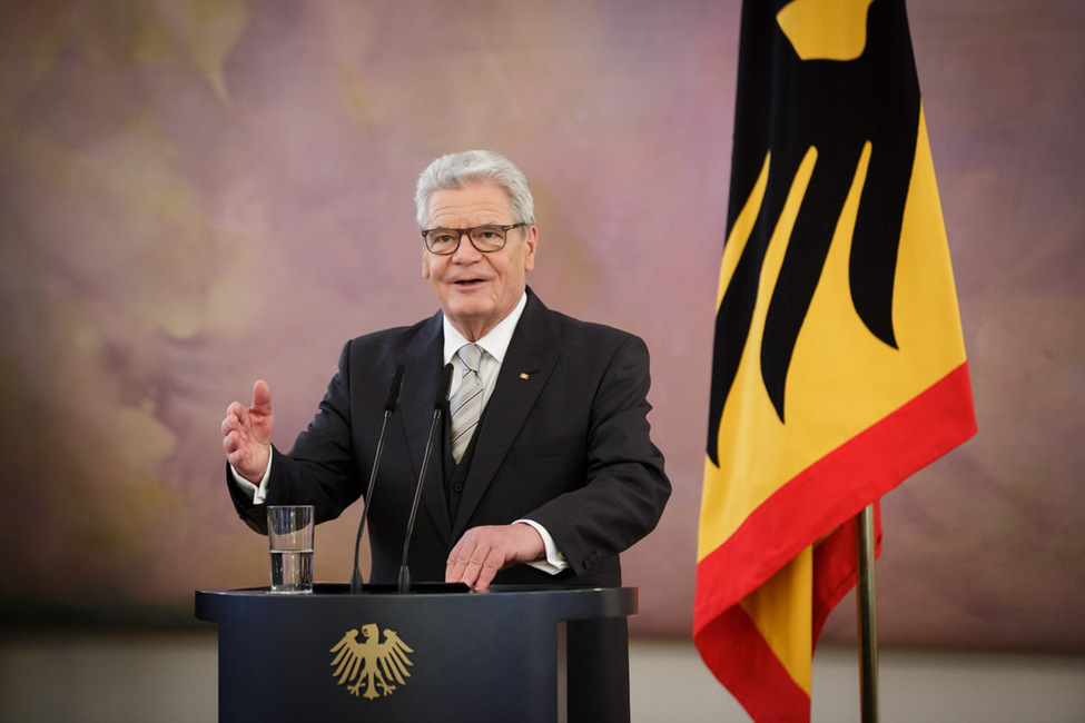 Bundespräsident Joachim Gauck hält eine Rede im Großen Saal in Schloss Bellevue anlässlich des Neujahrsempfangs für das Diplomatische Korps