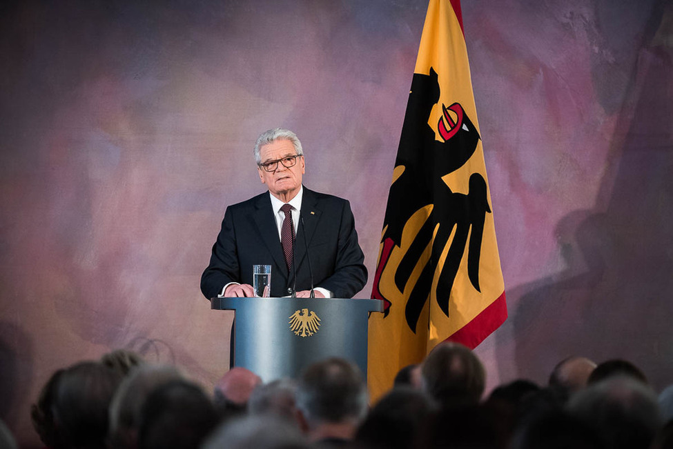 Bundespräsident Joachim Gauck bei seiner Rede zum Ende der Amtszeit zu der Frage 'Wie soll es aussehen, unser Land?' aus der Antrittsrede vom 23. März 2012 im Großen Saal von Schloss Bellevue 