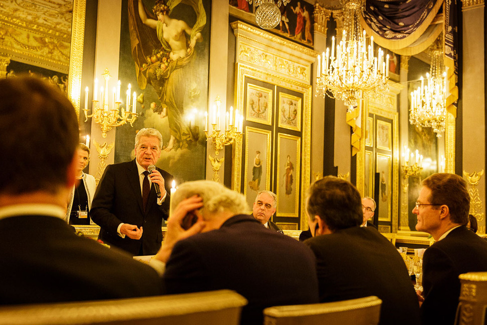 Bundespräsident Joachim Gauck hält eine Rede vor dem Abendessen, gegeben vom deutschen Botschafter in Frankreich, Nikolaus Meyer-Landrut, anlässlich des Besuchs in der Französischen Republik