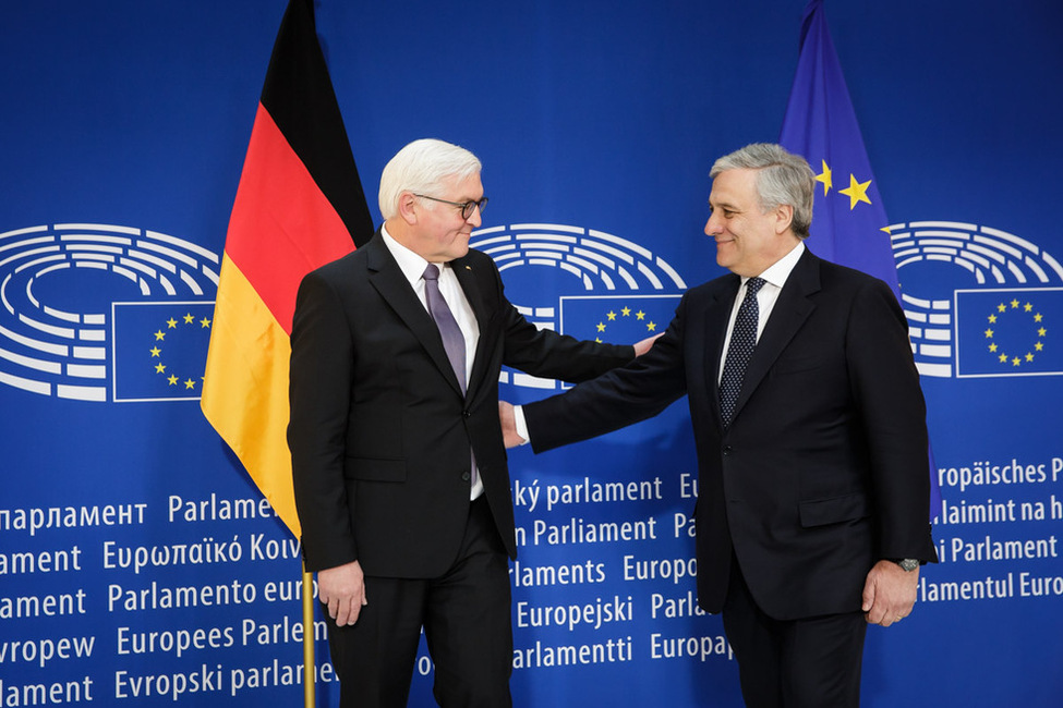 Federal President Frank-Walter Steinmeier is welcomed by the President of the European Parliament, Antonio Tajani