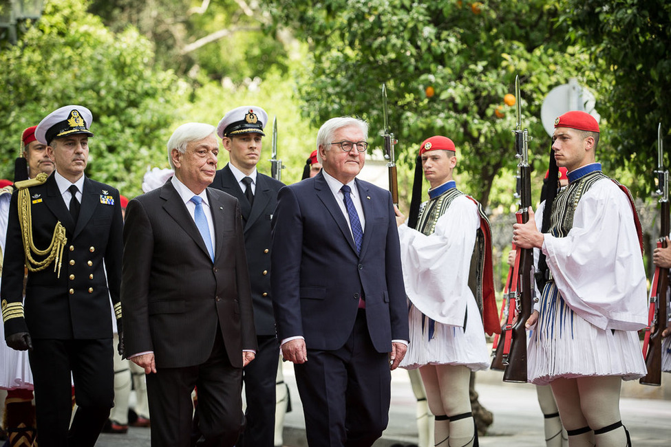 Federal President Frank-Walter Steinmeier is welcomed with military honours by the President of the Hellenic Republic, Prokopis Pavlopoulos, in the official residence in Athens during his first official visit to Greece