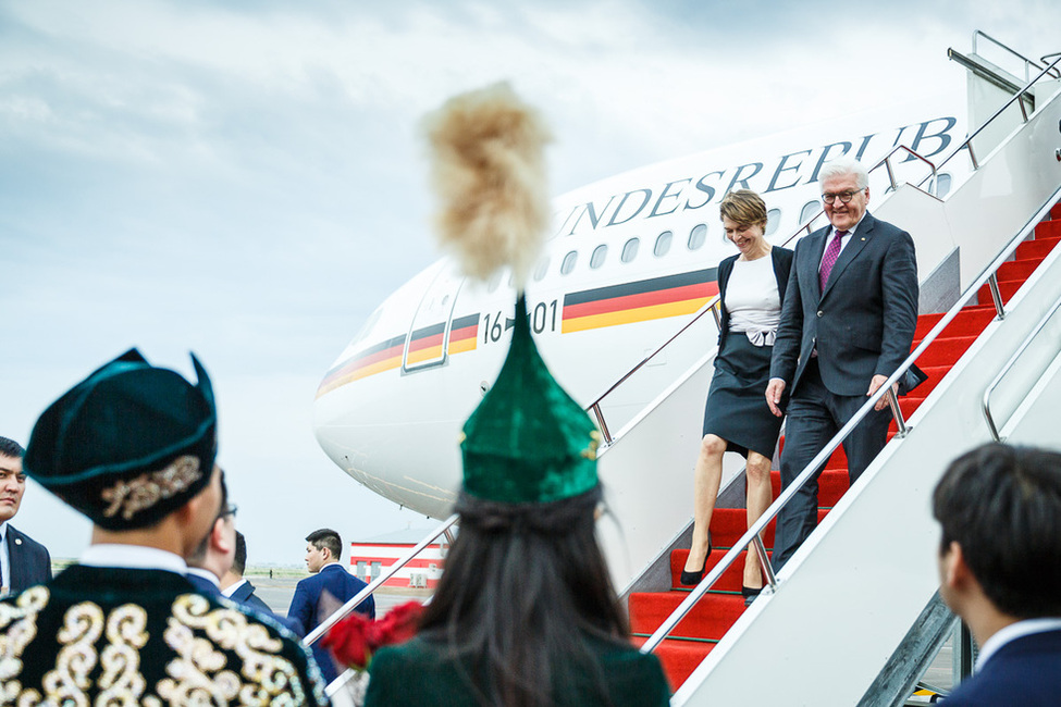 Federal President Frank-Walter Steinmeier and Elke Büdenbender arrive at the international airport of Astana on the occasion of their official visit to the Republik of Kazakhstan
