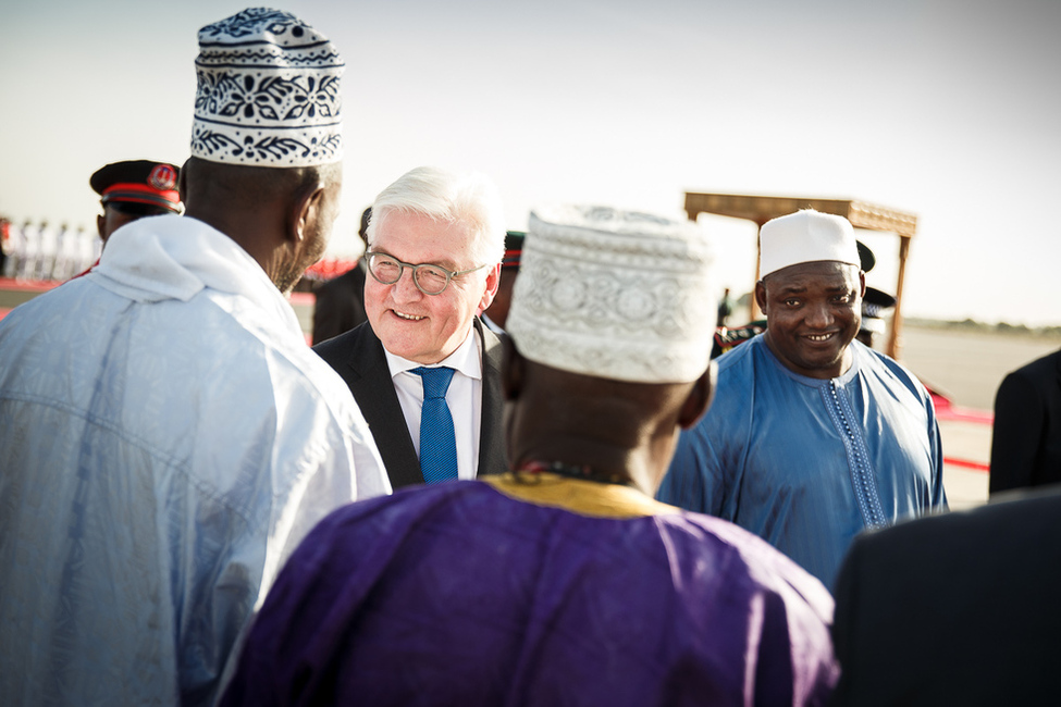 Federal President Frank-Walter Steinmeier is welcomed by President Adama Barrow at the airport in Banjul on the occasion of his state visit to the Republic of Gambia