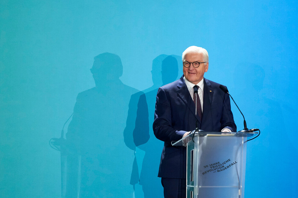 Federal President Frank-Walter Steinmeier delivers an address at the Brandenburg Gate at the ceremony to mark the 30th anniversary of the Peaceful Revolution and the Fall of the Berlin Wall