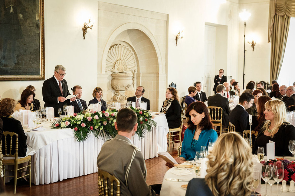 Federal President Joachim Gauck during his speech at a luncheon hosted by Prime Minister Joseph Muscat in the Auberge de Castille in Valletta on the occasion of his state visit to Malta