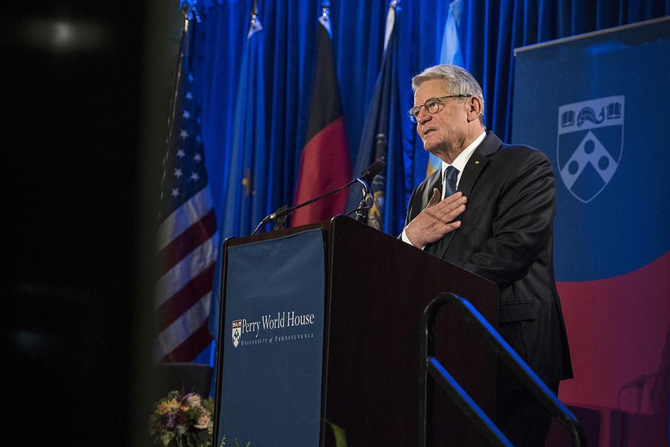 Federal President Joachim Gauck holds a speech in Houston Hall of the University of Pennsylvania during his official visit to the USA
