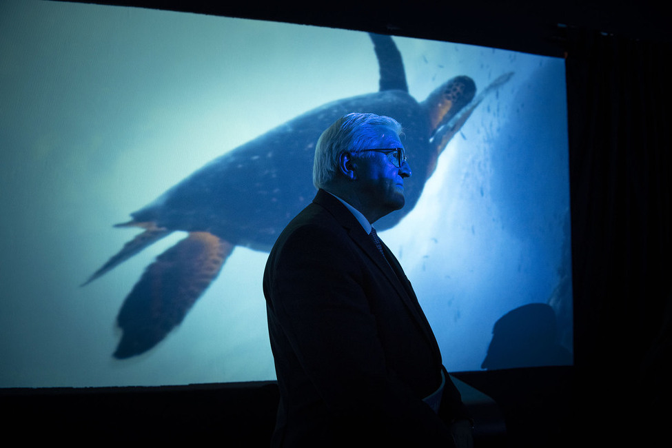 Bundespräsident Frank-Walter Steinmeier beim Rundgang durch die Galápagos-Ausstellung des Palastmuseums in Quito