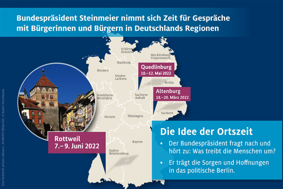 Deutschlandkarte mit den einzelnen Stationen der „Ortszeit Deutschland“ – Bundespräsident Steinmeier reist mit Zeit in Deutschlands Regionen Deutschlandkarte mit den einzelnen Stationen der „Ortszeit Deutschland“ – Bundespräsident Steinmeier reist mit Zeit in Deutschlands Regionen