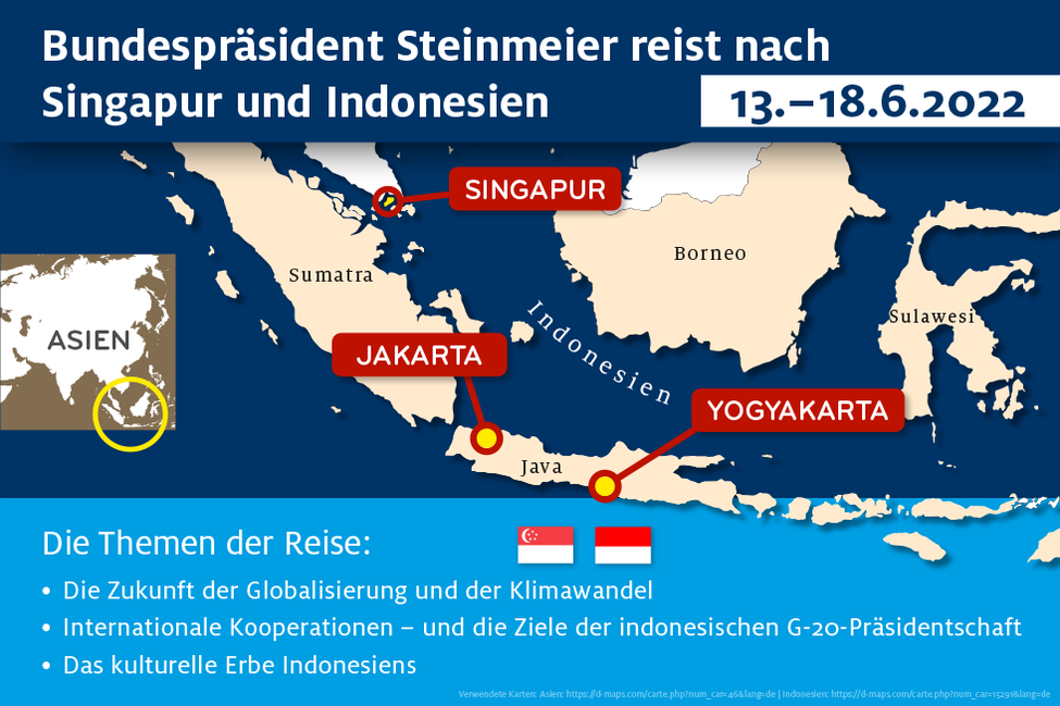 Karte mit den Stationen der Reise des Bundespräsidenten nach Singapur und Indonesien Karte mit den Stationen der Reise des Bundespräsidenten nach Singapur und Indonesien